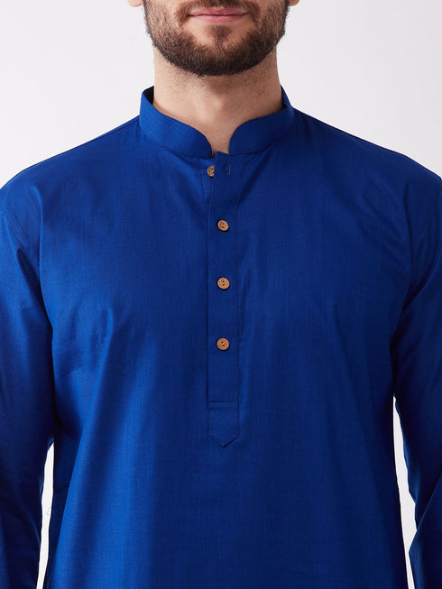 Vastramay Men's Blue And White Cotton Blend Kurta And Dhoti Set